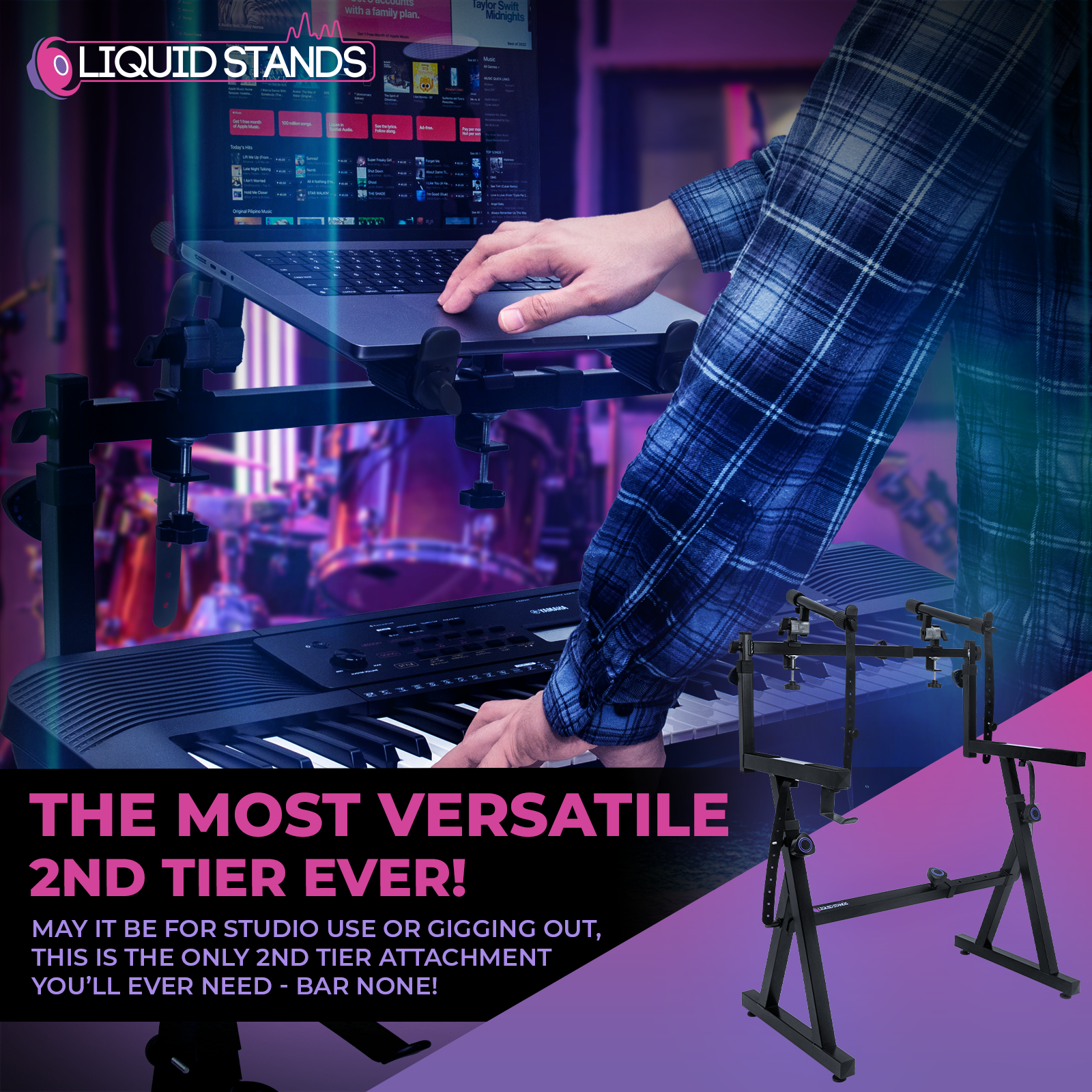 Dual Piano Keyboard Stand with 2nd Tier Adjustable Arms Liquid Stands