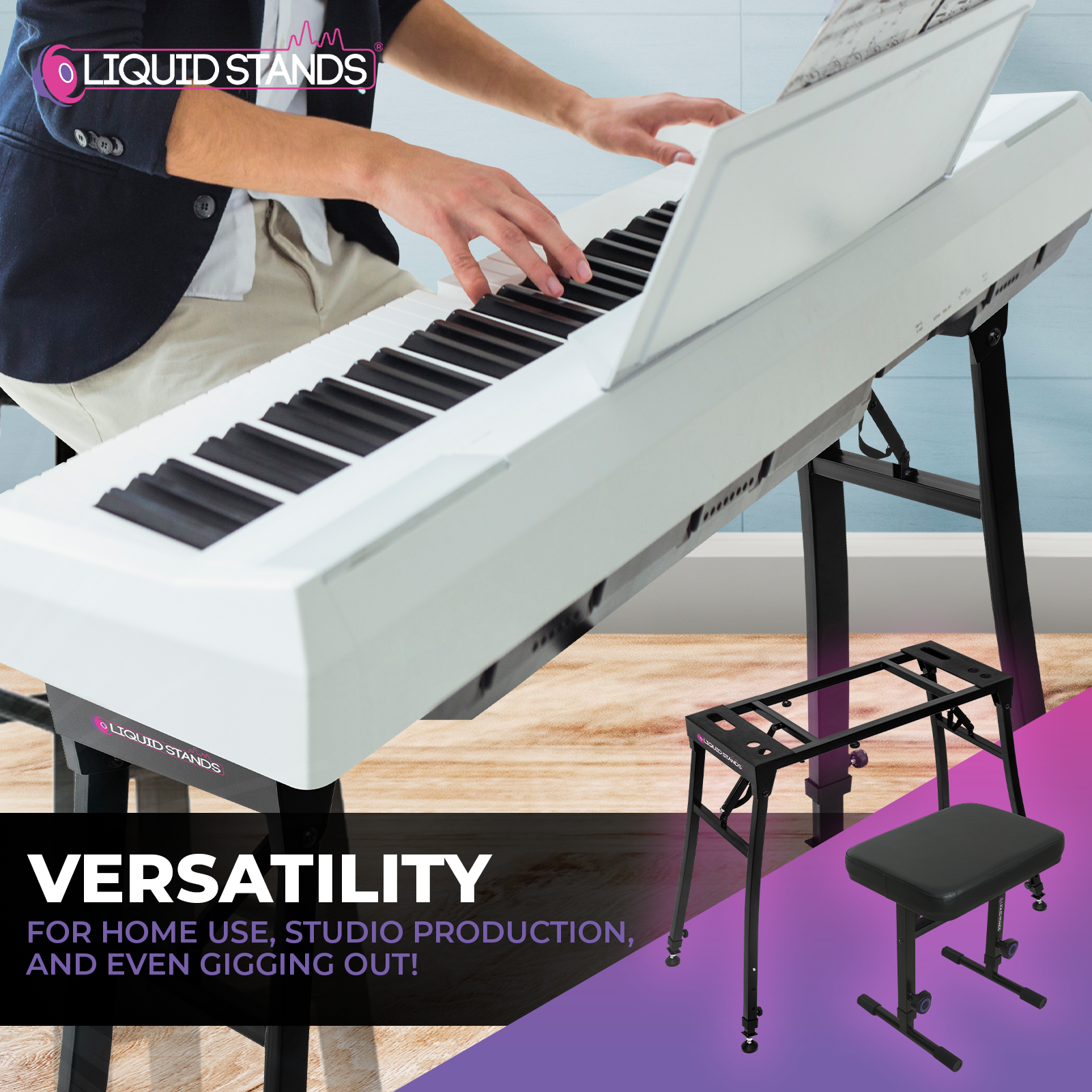 Collapsible Piano Keyboard Stand and Piano Bench Stool Liquid Stands